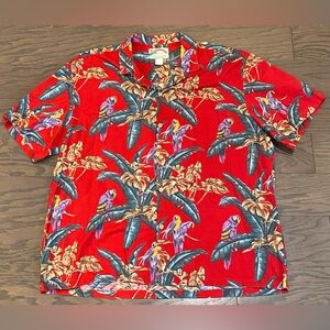 Vintage Paradise Found Magnum PI Hawaiian Shirt 80s Red Jungle Parrots—Size 2XL